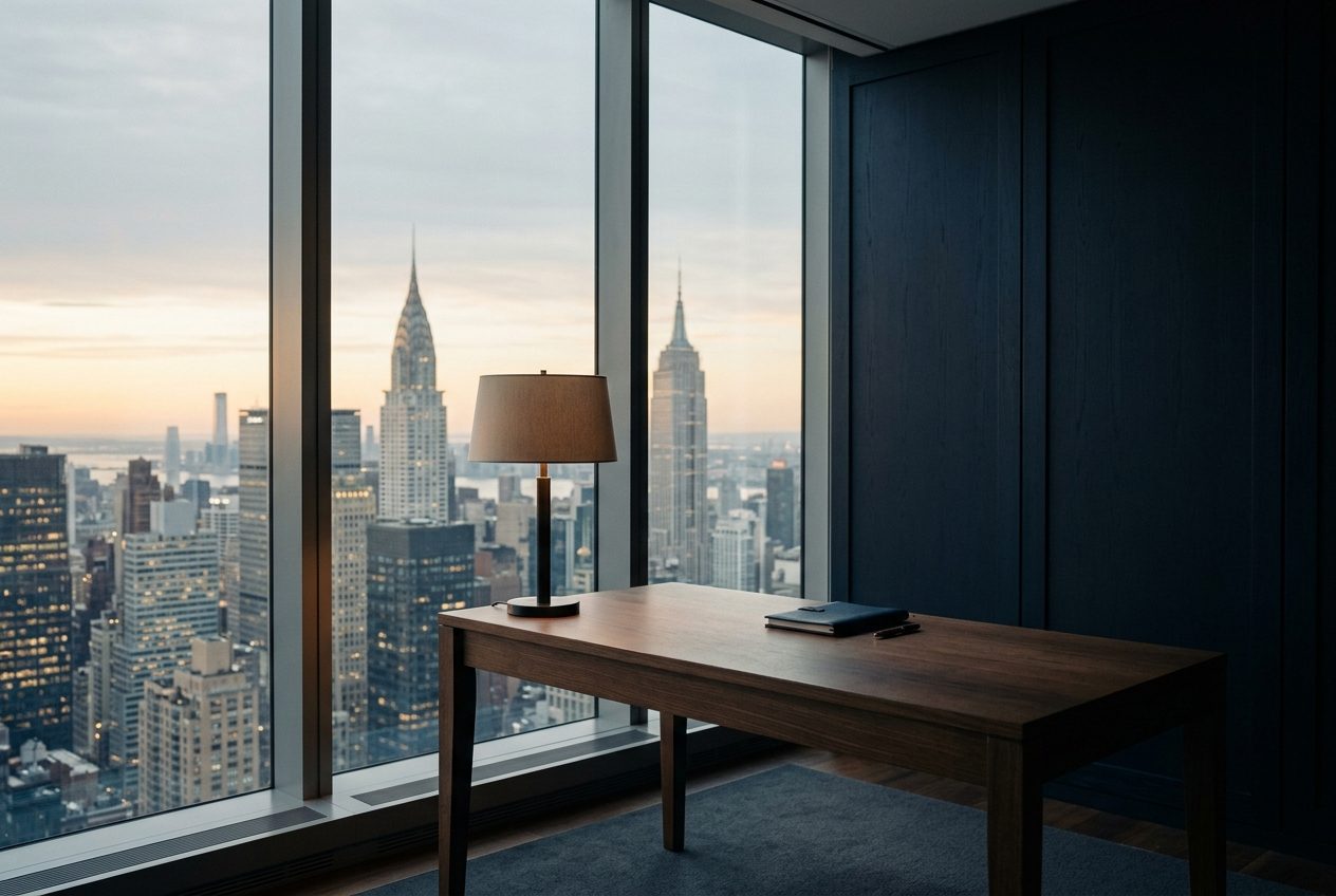 The operator's room: a desk by a window at dusk